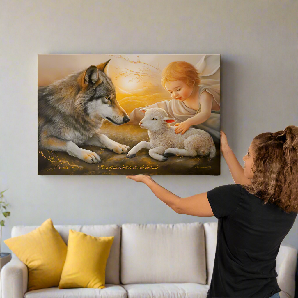 Wolf Lamb and Child Gallery Wrapped Christian Wall Art Canvas with Quote - 36’’ x 24’’ - Canvas