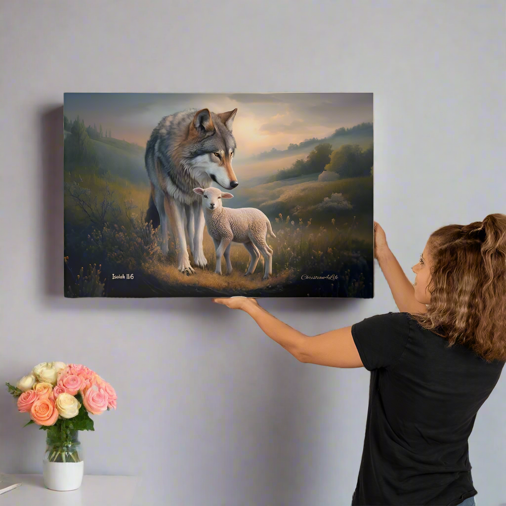 Wolf and Lamb Christian Wall Art Gallery Wrapped Canvas Isaiah 11:6 - Canvas