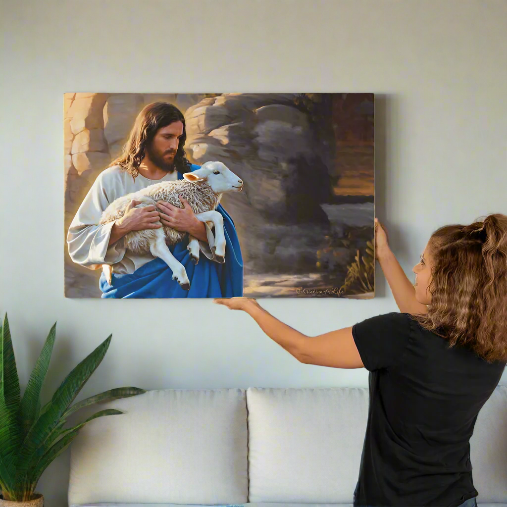 Shepherd holding sheep - Beautiful Gallery Wrapped Christian Wall Art Canvas