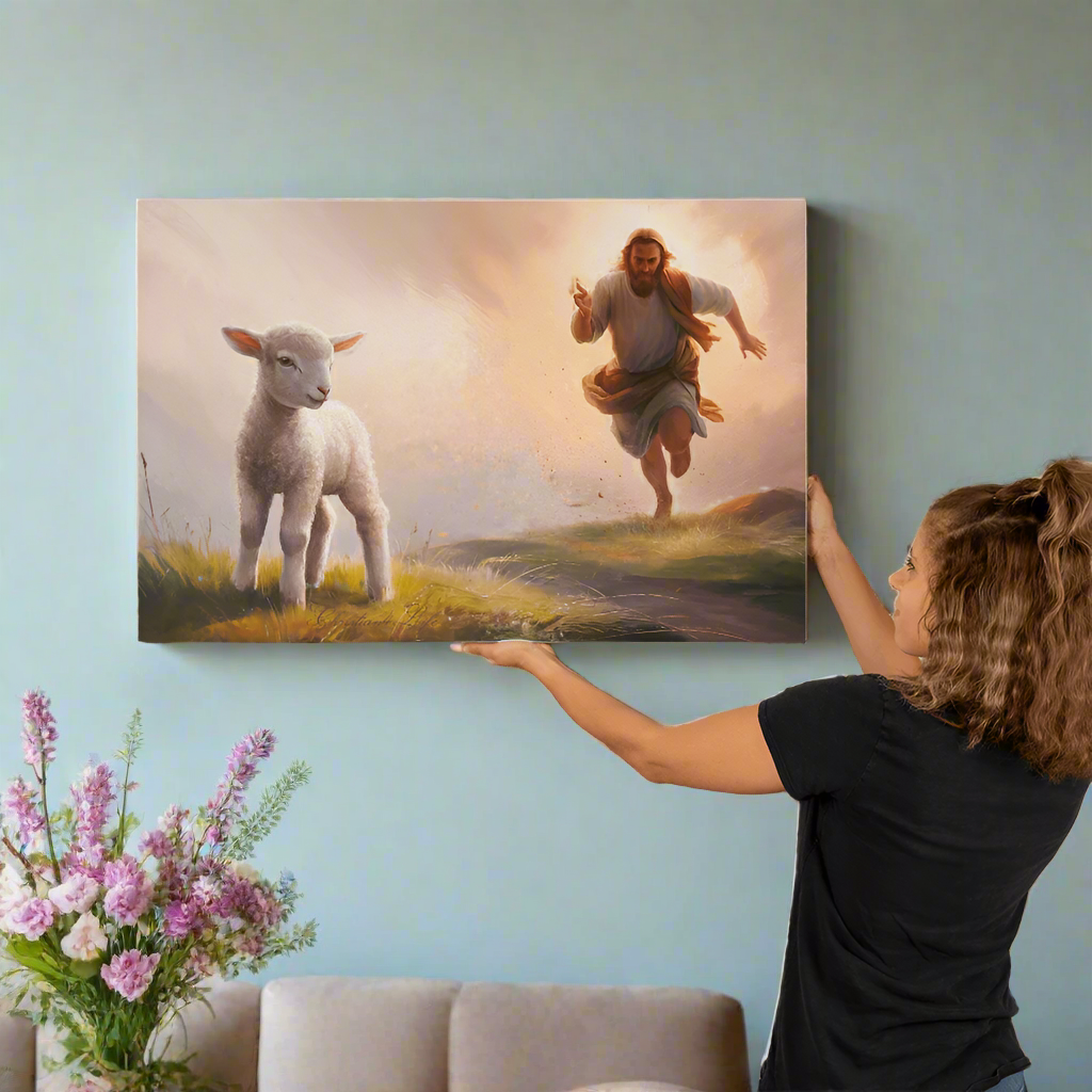 The Good Shepherd Runs After Sheep - Gallery Wrapped Christian Wall Art Canvas - 36’’ x 24’’ - Canvas