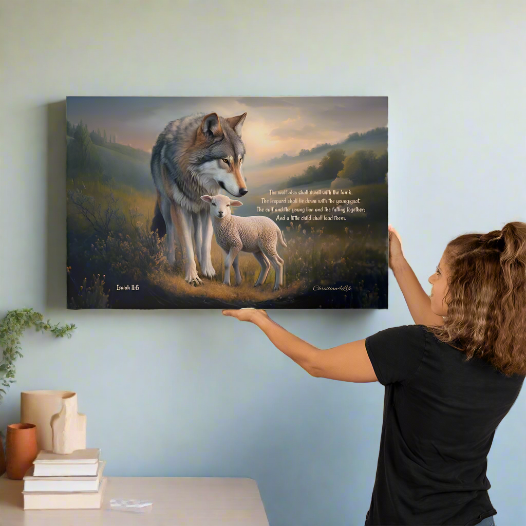 Wolf and Lamb Christian Wall Art Gallery Wrapped Canvas with Isaiah 11:6 Quote - 36’’ x 24’’ - Canvas