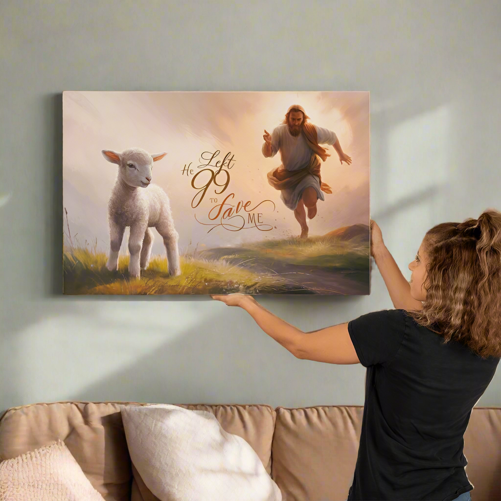 ’He Left 99 to Save Me’ Oil style Gallery Wrapped Christian Wall Art Canvas (3:2) - 36’’ x 24’’ - Canvas