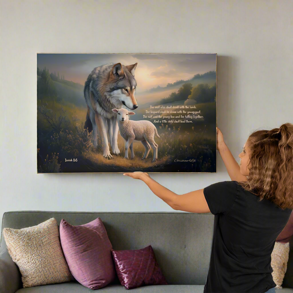 Wolf and Lamb Christian Wall Art Gallery Wrapped Canvas with Isaiah 11:6 Quote - Canvas