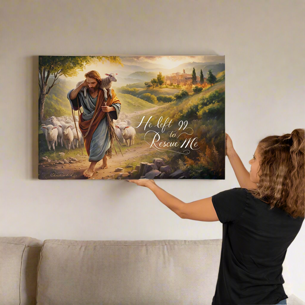 ’He Left 99 To Rescue Me’ Gallery Wrapped Christian Wall Art Canvas - 36’’ x 24’’ - Canvas