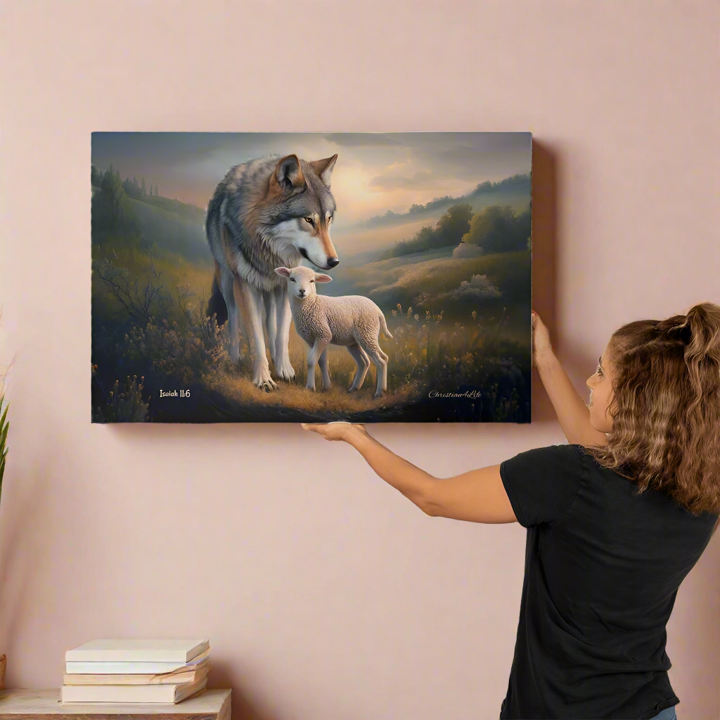 Wolf and Lamb Christian Wall Art Gallery Wrapped Canvas Isaiah 11:6 - 36’’ x 24’’ - Canvas