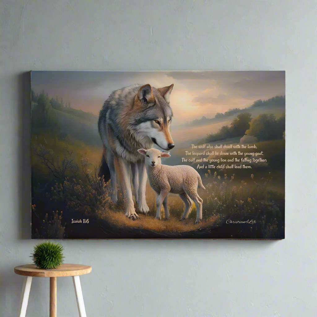 Wolf and Lamb Christian Wall Art Gallery Wrapped Canvas with Isaiah 11:6 Quote - Canvas