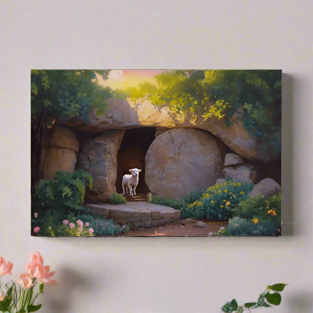He is Risen Tomb and Lamb Christian Wall Art Wrapped Canvas Easter 18’’ x 12’’ 30’’ x 20’’ or 36’’ x 24’’ - Canvas