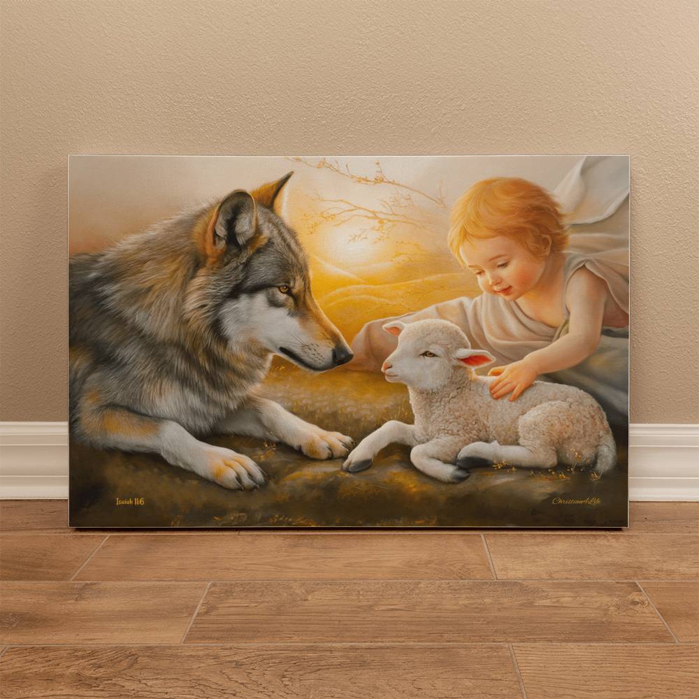 Wolf and Lamb Gallery Wrapped Christian Wall Art Canvas - Canvas