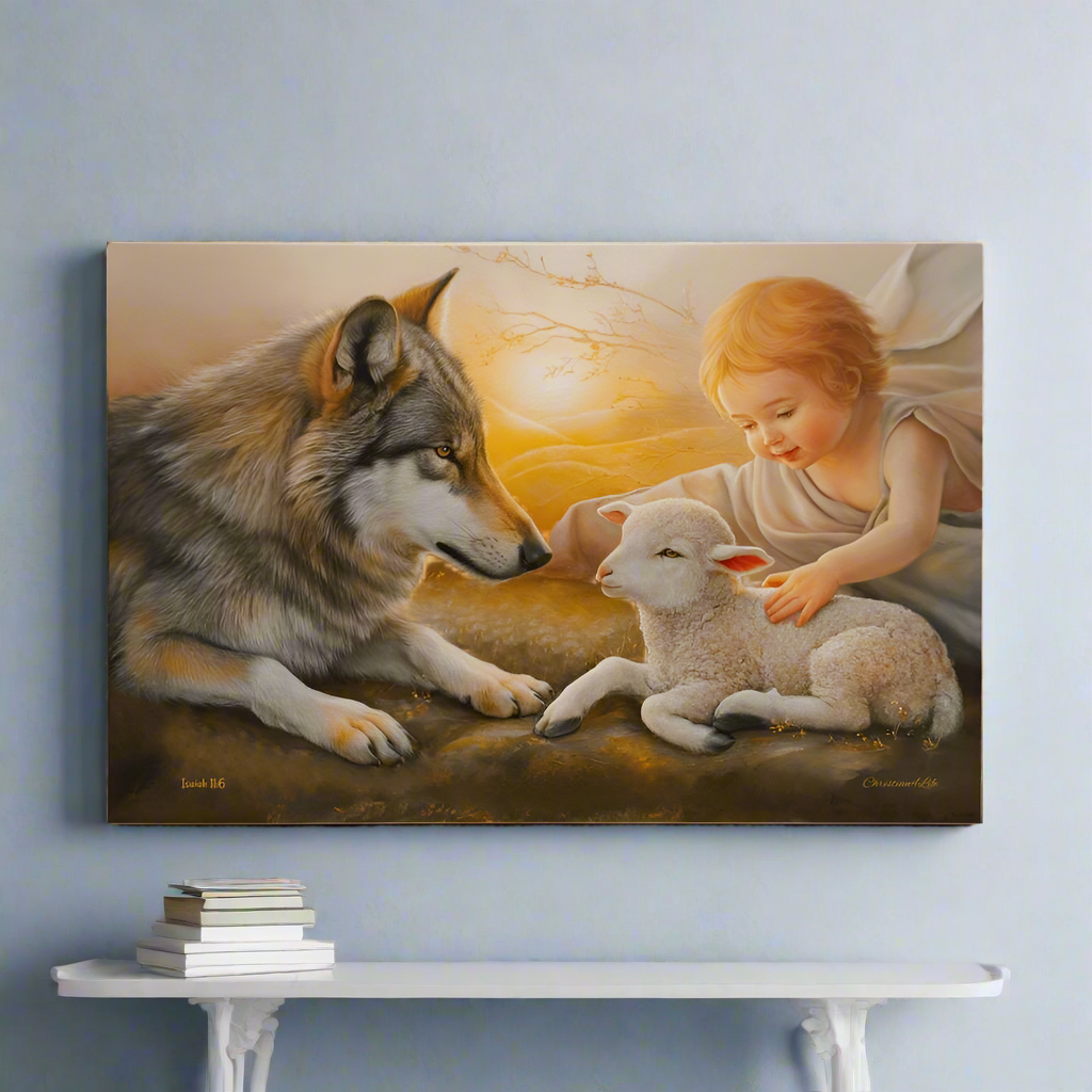Wolf and Lamb Gallery Wrapped Christian Wall Art Canvas - Canvas
