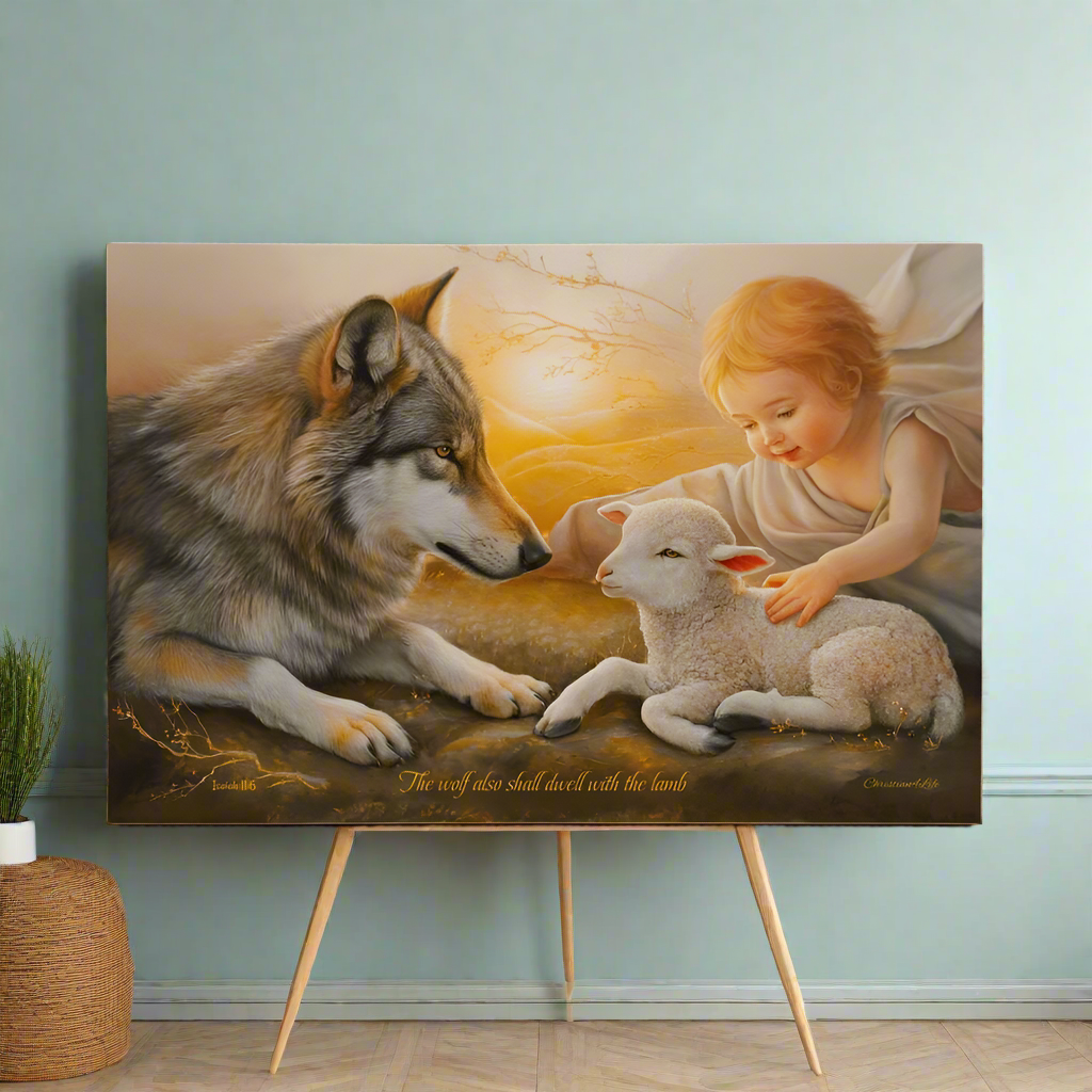 Wolf Lamb and Child Gallery Wrapped Christian Wall Art Canvas with Quote - Canvas