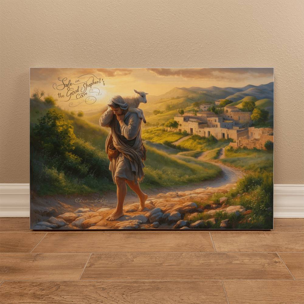 ’Safe in the Good Shepherd’s care’ Gallery Wrapped Christian Wall Art Canvas (3:2)