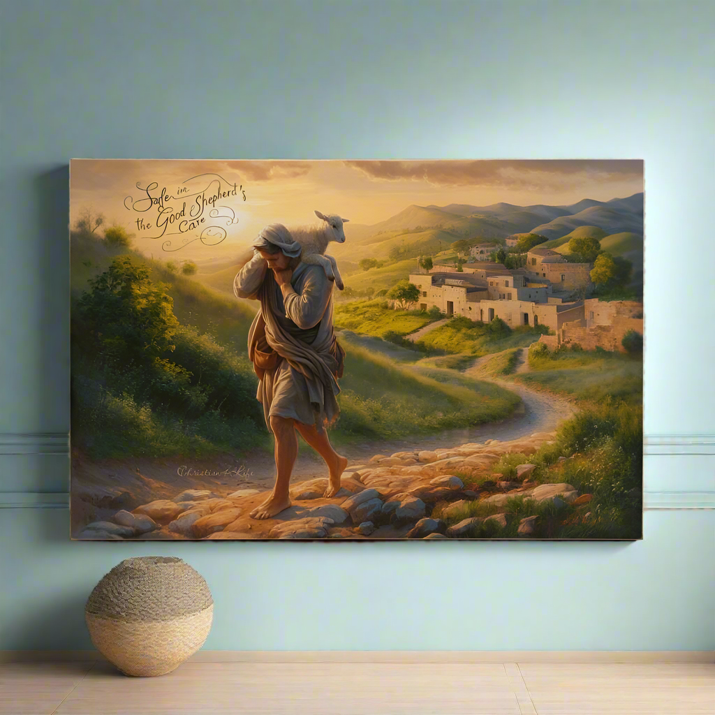 ’Safe in the Good Shepherd’s care’ Gallery Wrapped Christian Wall Art Canvas (3:2)