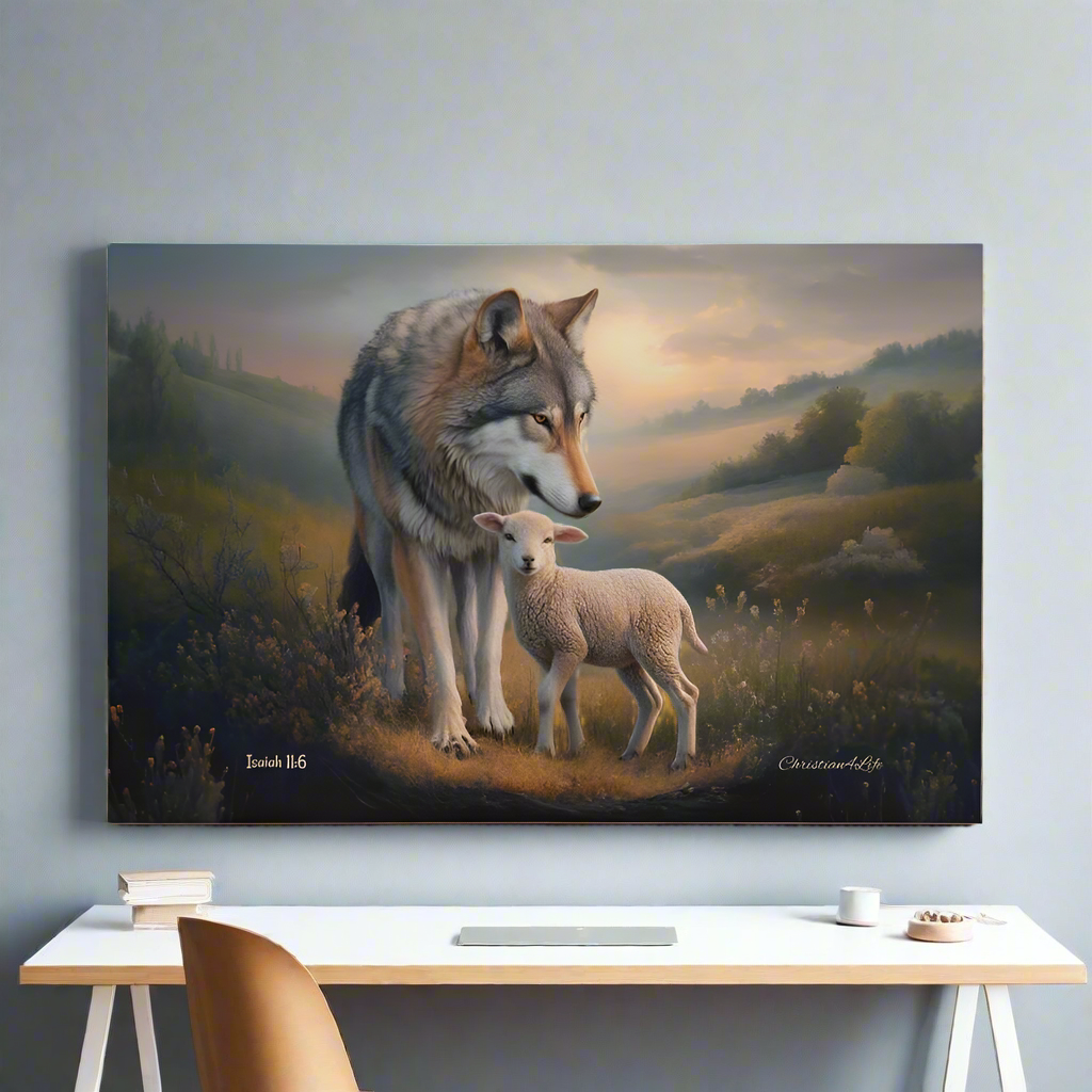 Wolf and Lamb Christian Wall Art Gallery Wrapped Canvas Isaiah 11:6 - Canvas