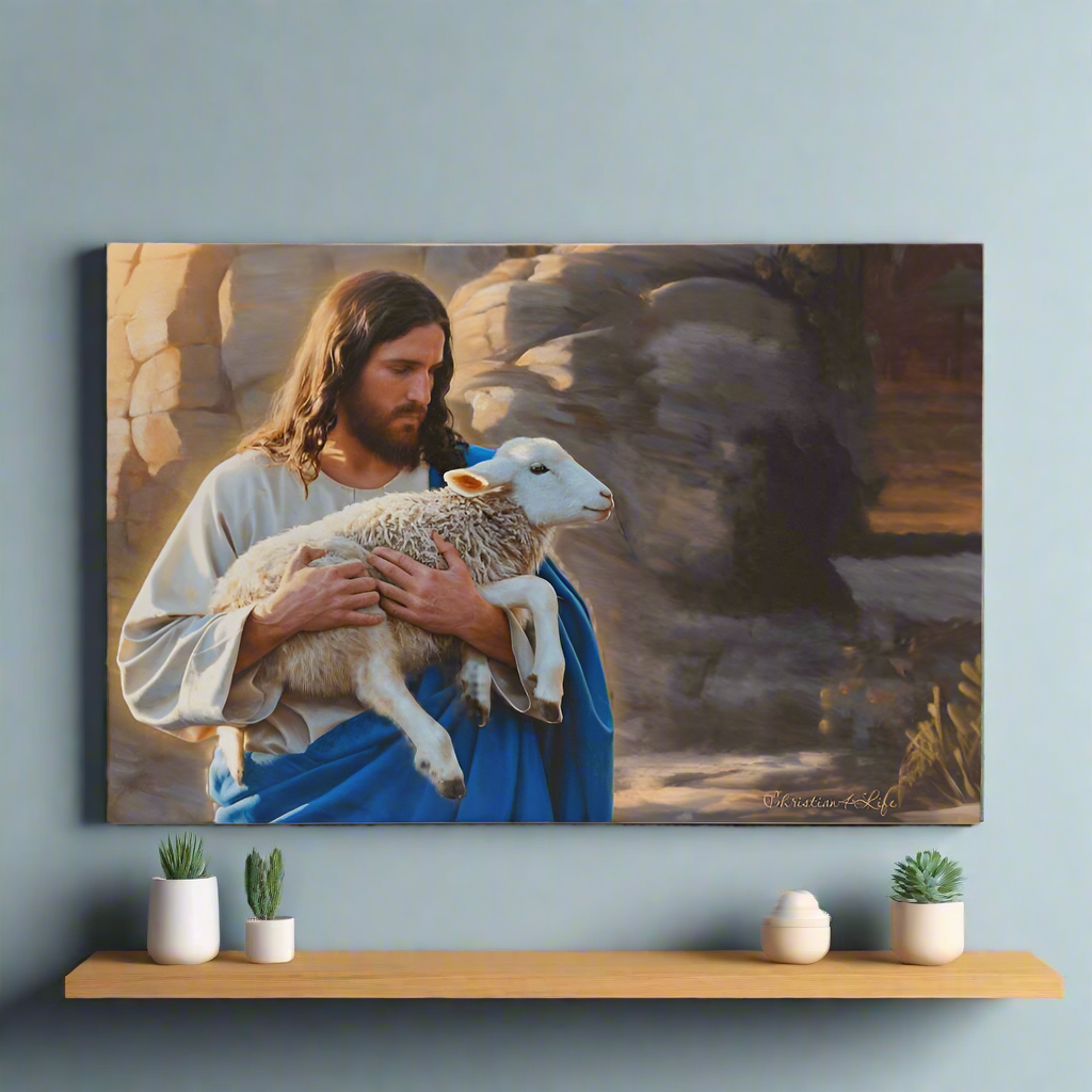 Shepherd holding sheep - Beautiful Gallery Wrapped Christian Wall Art Canvas