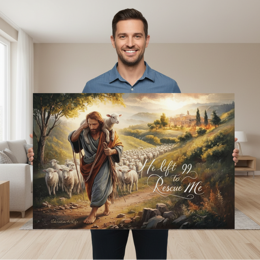 Man holding a large painting of a shepherd with sheep in a scenic landscape.