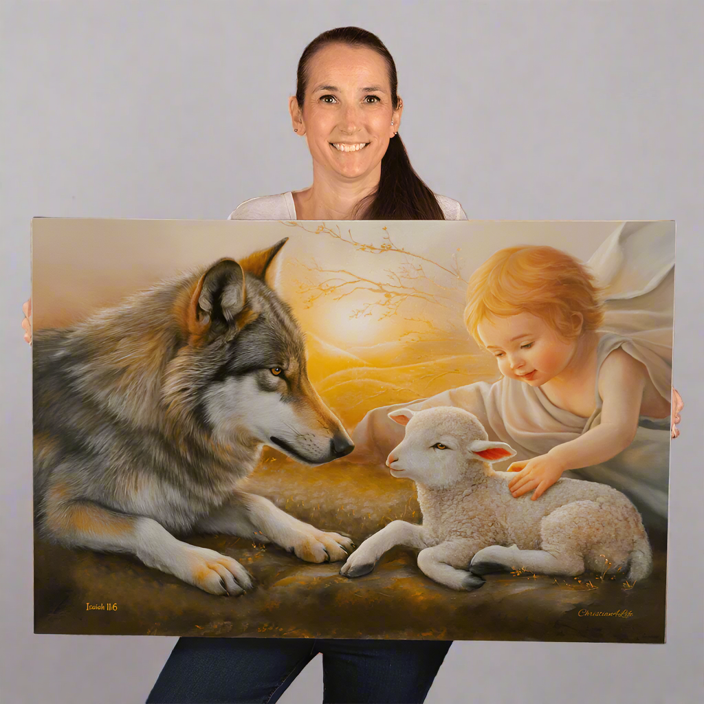 Wolf and Lamb Gallery Wrapped Christian Wall Art Canvas - Canvas