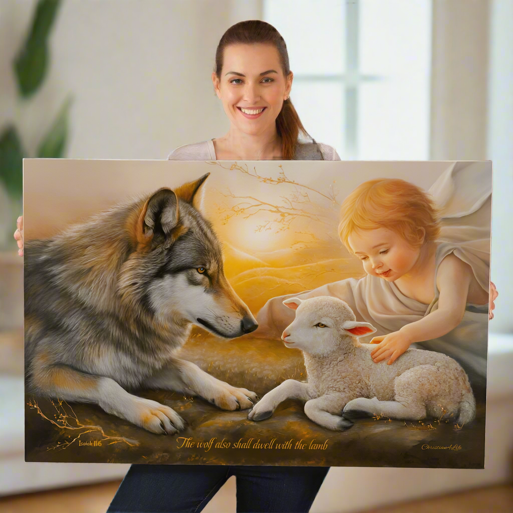 Wolf Lamb and Child Gallery Wrapped Christian Wall Art Canvas with Quote - Canvas