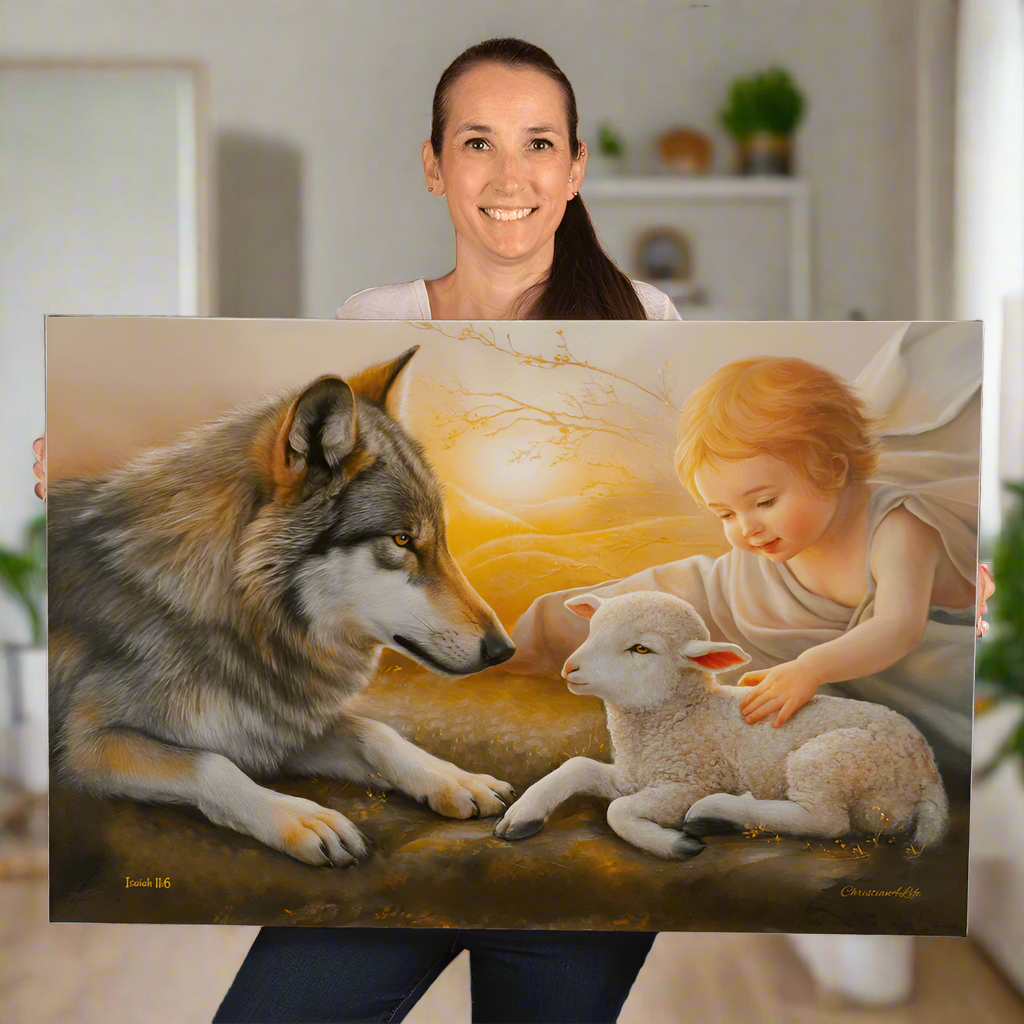 Wolf and Lamb Gallery Wrapped Christian Wall Art Canvas - Canvas