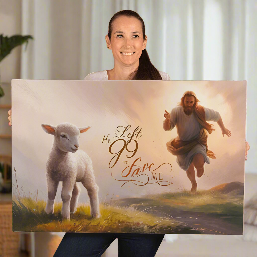 ’He Left 99 to Save Me’ Oil style Gallery Wrapped Christian Wall Art Canvas (3:2) - Canvas
