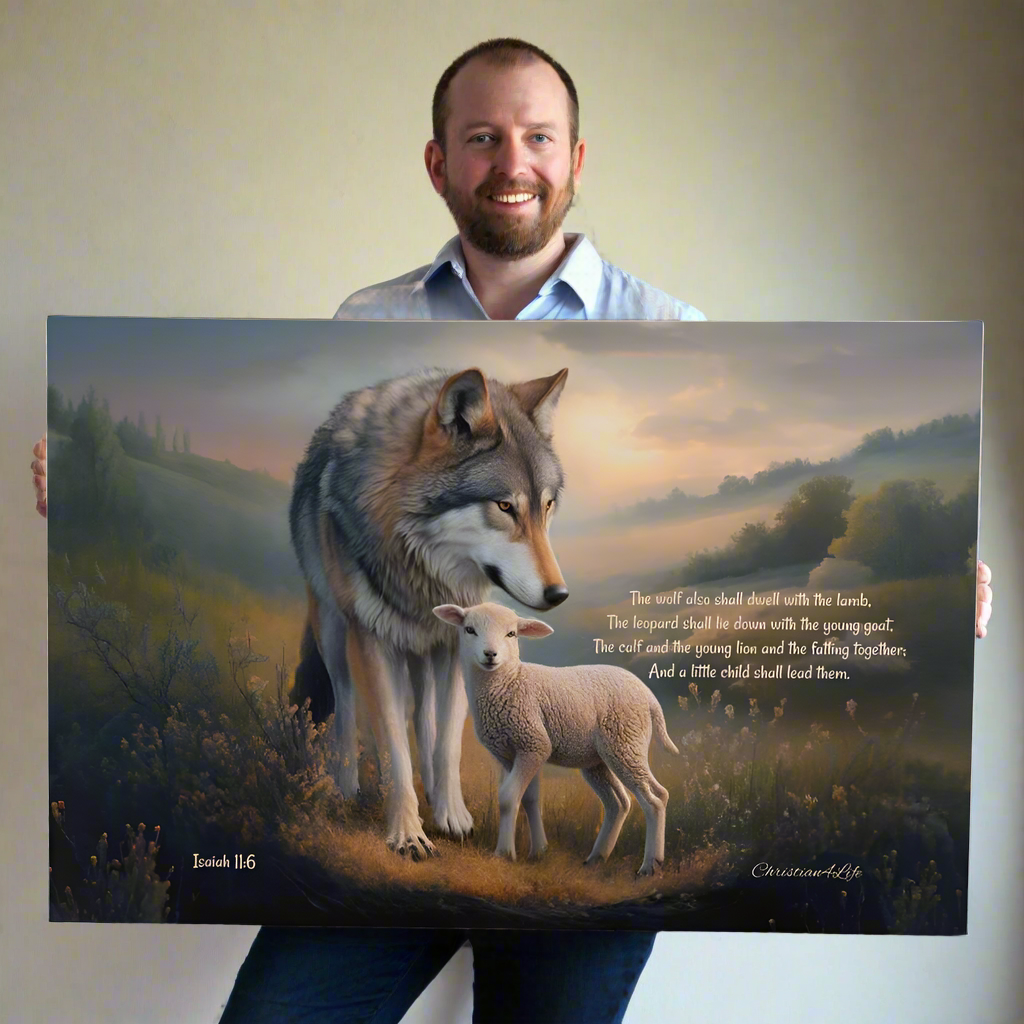 Wolf and Lamb, Christian Wall Art, Gallery Wrapped Canvas, with Isaiah 11:6 Quote