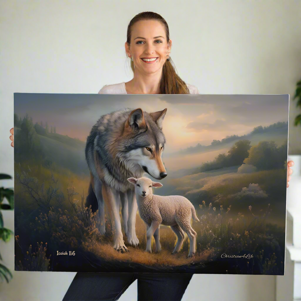 Wolf and Lamb Christian Wall Art Gallery Wrapped Canvas Isaiah 11:6 - Canvas
