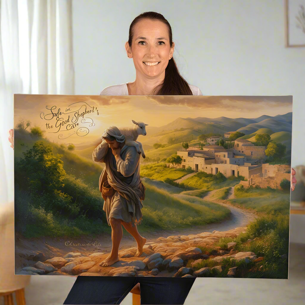 ’Safe in the Good Shepherd’s care’ Gallery Wrapped Christian Wall Art Canvas (3:2)