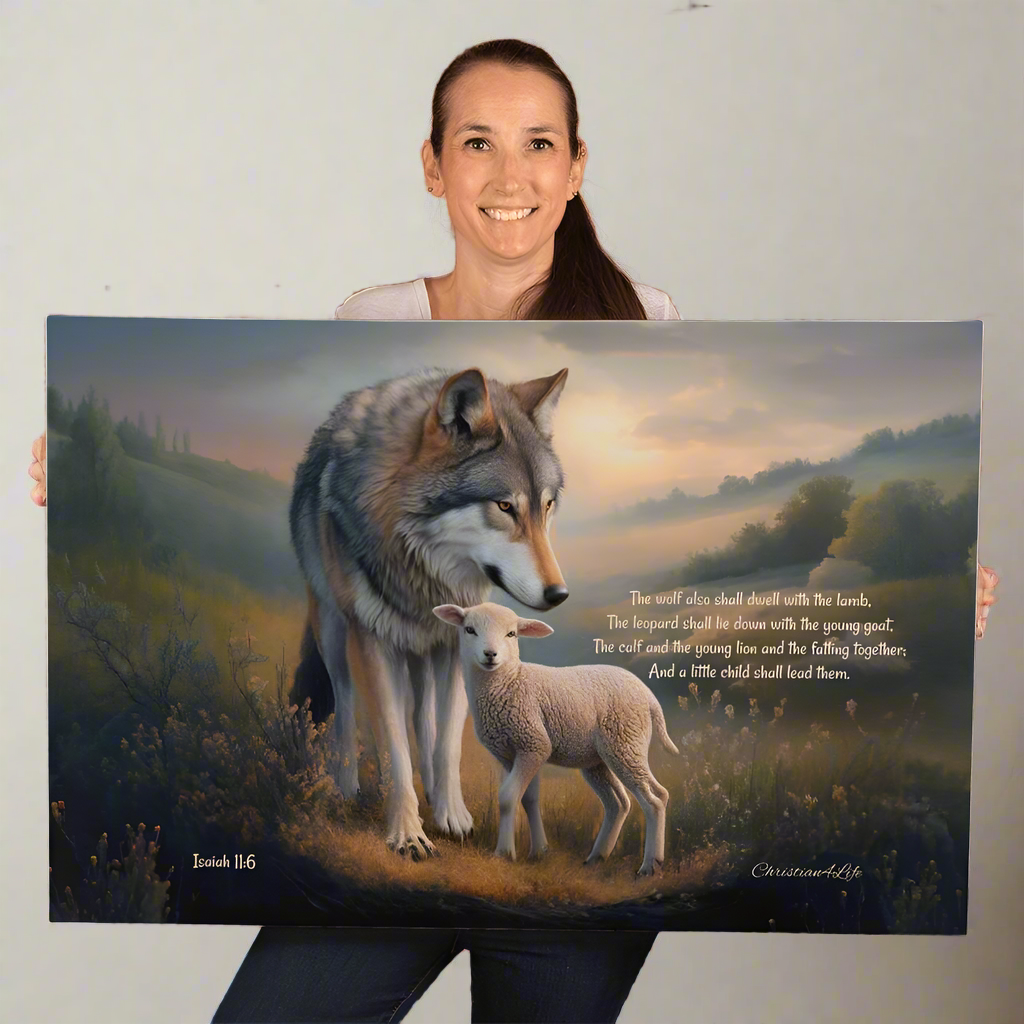 Wolf and Lamb Christian Wall Art Gallery Wrapped Canvas with Isaiah 11:6 Quote - Canvas