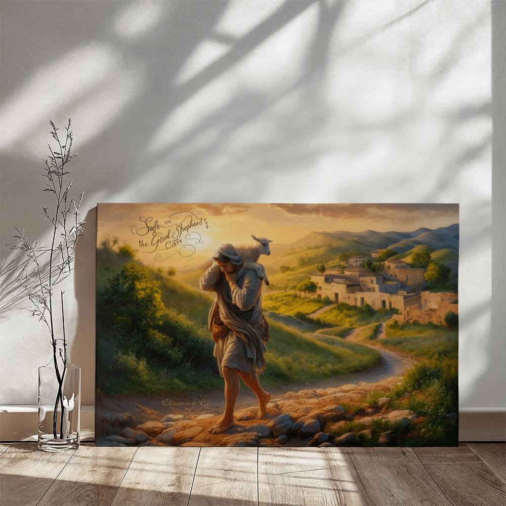 ’Safe in the Good Shepherd’s care’ Gallery Wrapped Christian Wall Art Canvas (3:2)