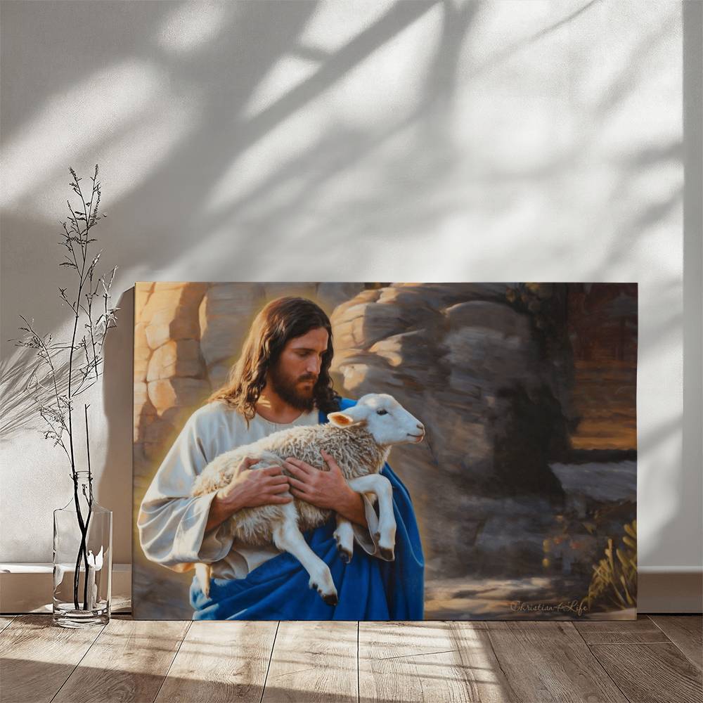 Shepherd holding sheep - Beautiful Gallery Wrapped Christian Wall Art Canvas