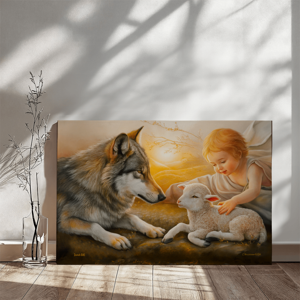 Wolf and Lamb Gallery Wrapped Christian Wall Art Canvas - Canvas