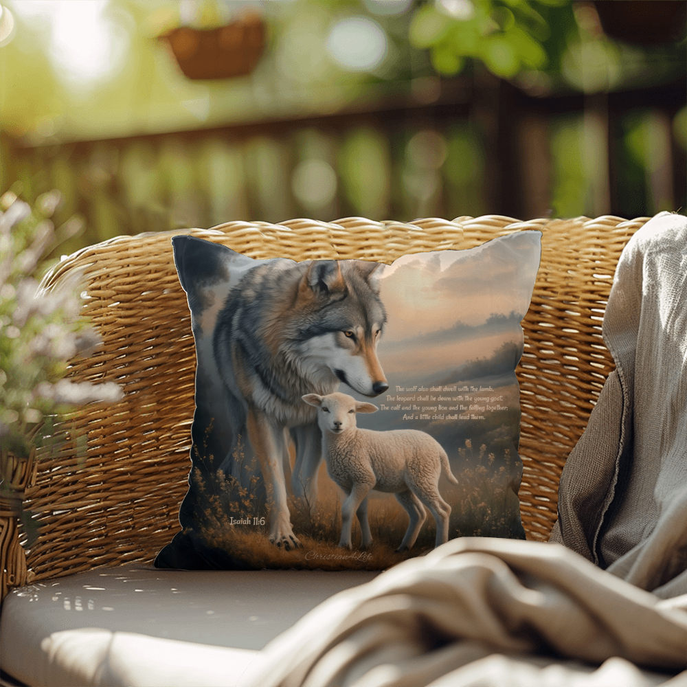 Wolf and Lamb Bible Verse Spun Polyester Square Indoor/Outdoor Pillow - Jewelry