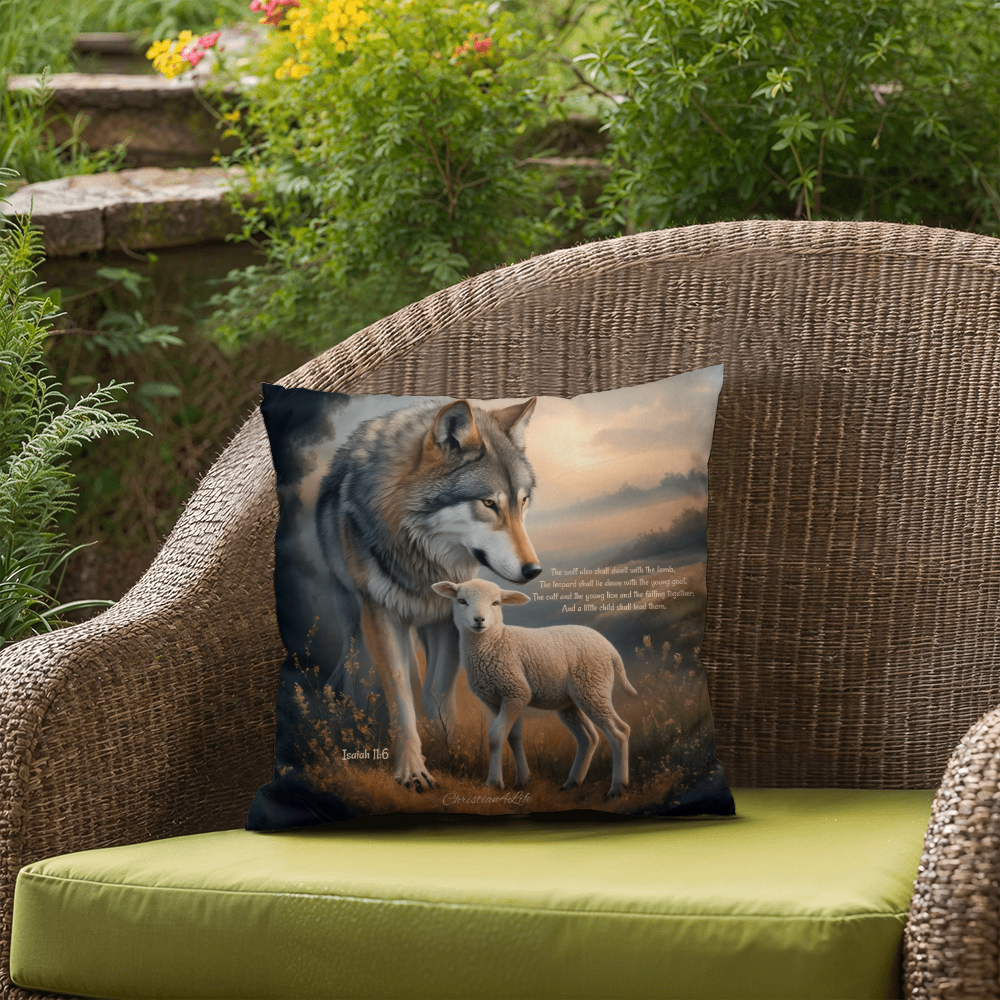 Wolf and Lamb Bible Verse Spun Polyester Square Indoor/Outdoor Pillow - Jewelry
