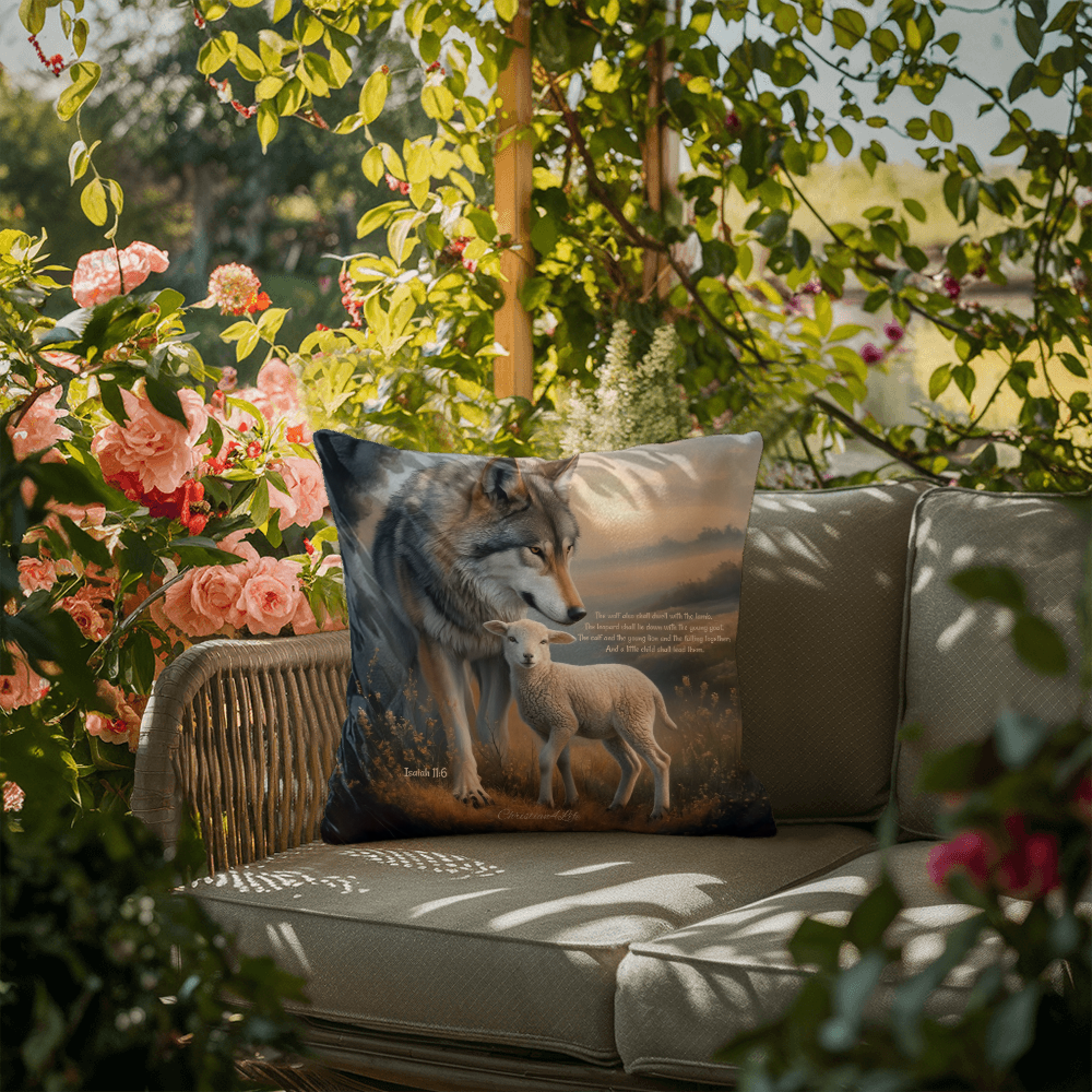 Wolf and Lamb Bible Verse Spun Polyester Square Indoor/Outdoor Pillow - Jewelry