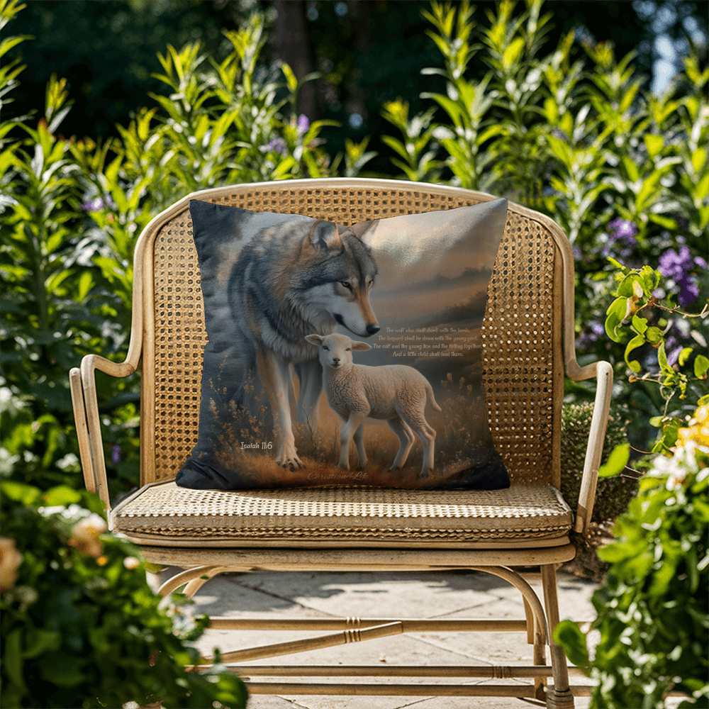 Wolf and Lamb Bible Verse Spun Polyester Square Indoor/Outdoor Pillow - Jewelry