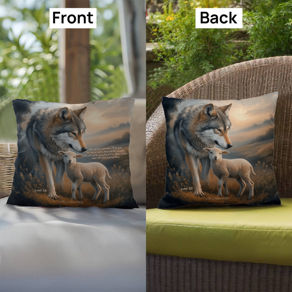 Wolf and Lamb Bible Verse Spun Polyester Square Indoor/Outdoor Pillow - Jewelry