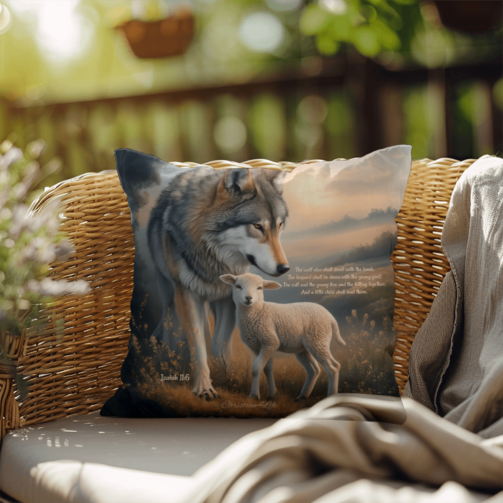 Wolf and Lamb Bible Verse Spun Polyester Square Indoor/Outdoor Pillow - Jewelry
