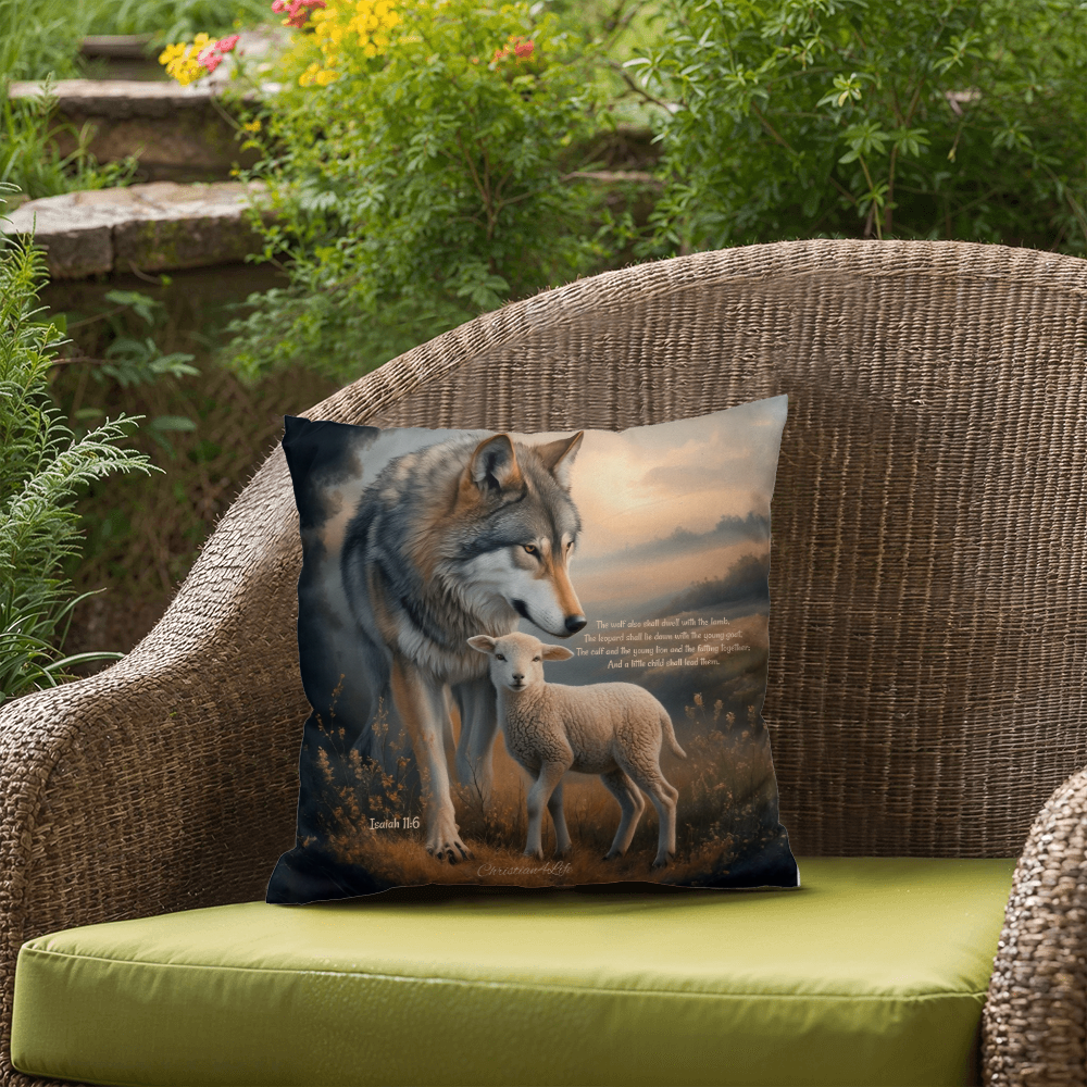 Wolf and Lamb Bible Verse Spun Polyester Square Indoor/Outdoor Pillow - Jewelry