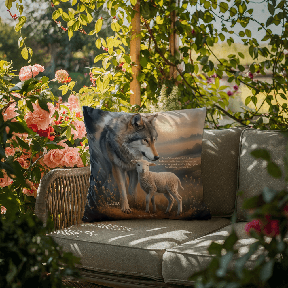 Wolf and Lamb Bible Verse Spun Polyester Square Indoor/Outdoor Pillow - Jewelry