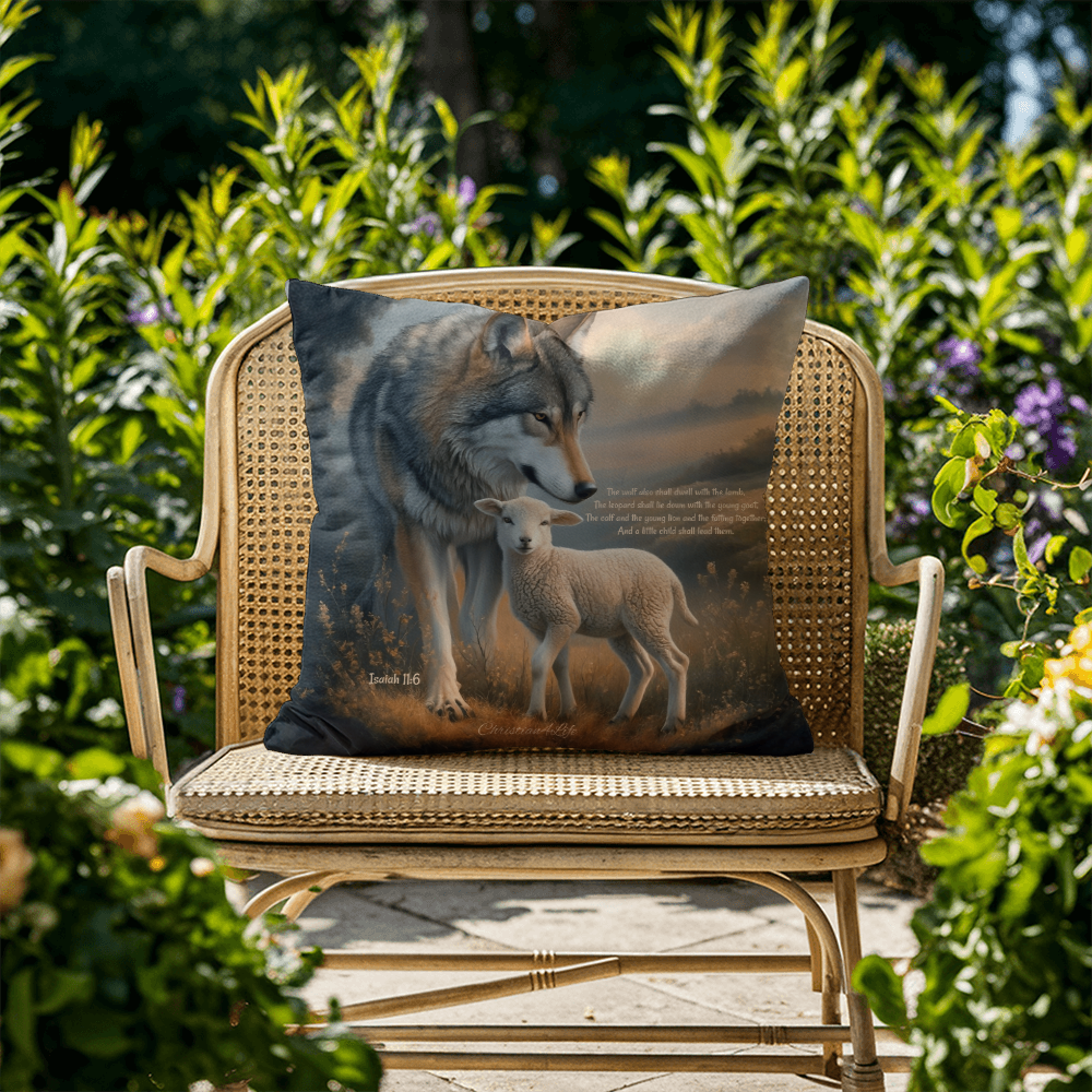 Wolf and Lamb Bible Verse Spun Polyester Square Indoor/Outdoor Pillow - Jewelry