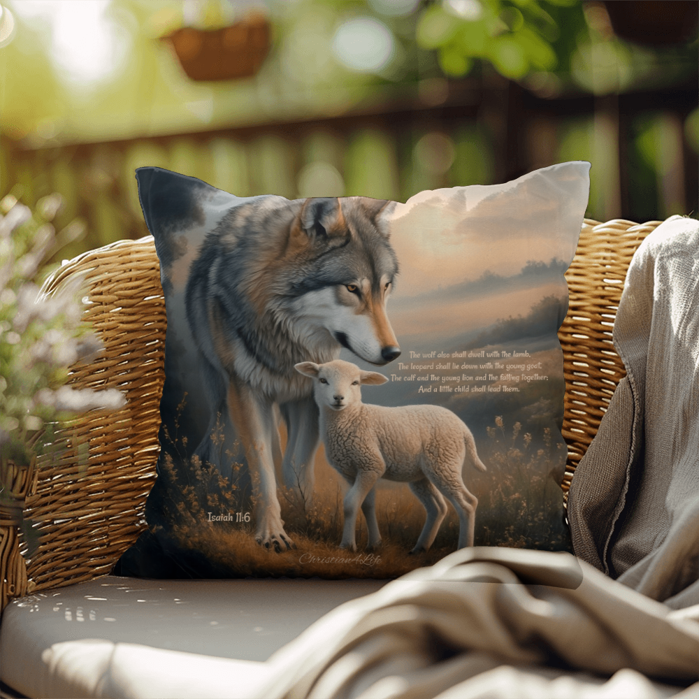 Wolf and Lamb Bible Verse Spun Polyester Square Indoor/Outdoor Pillow - Jewelry