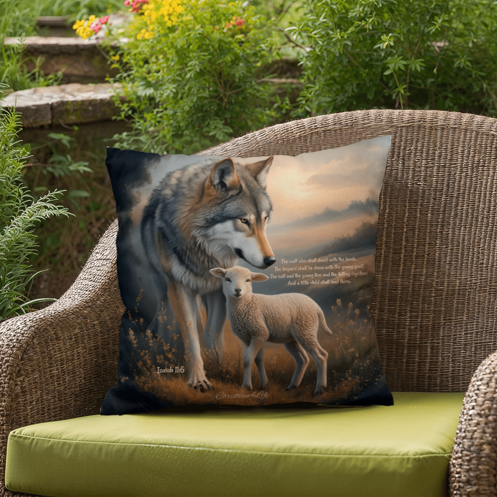 Wolf and Lamb Bible Verse Spun Polyester Square Indoor/Outdoor Pillow - Jewelry