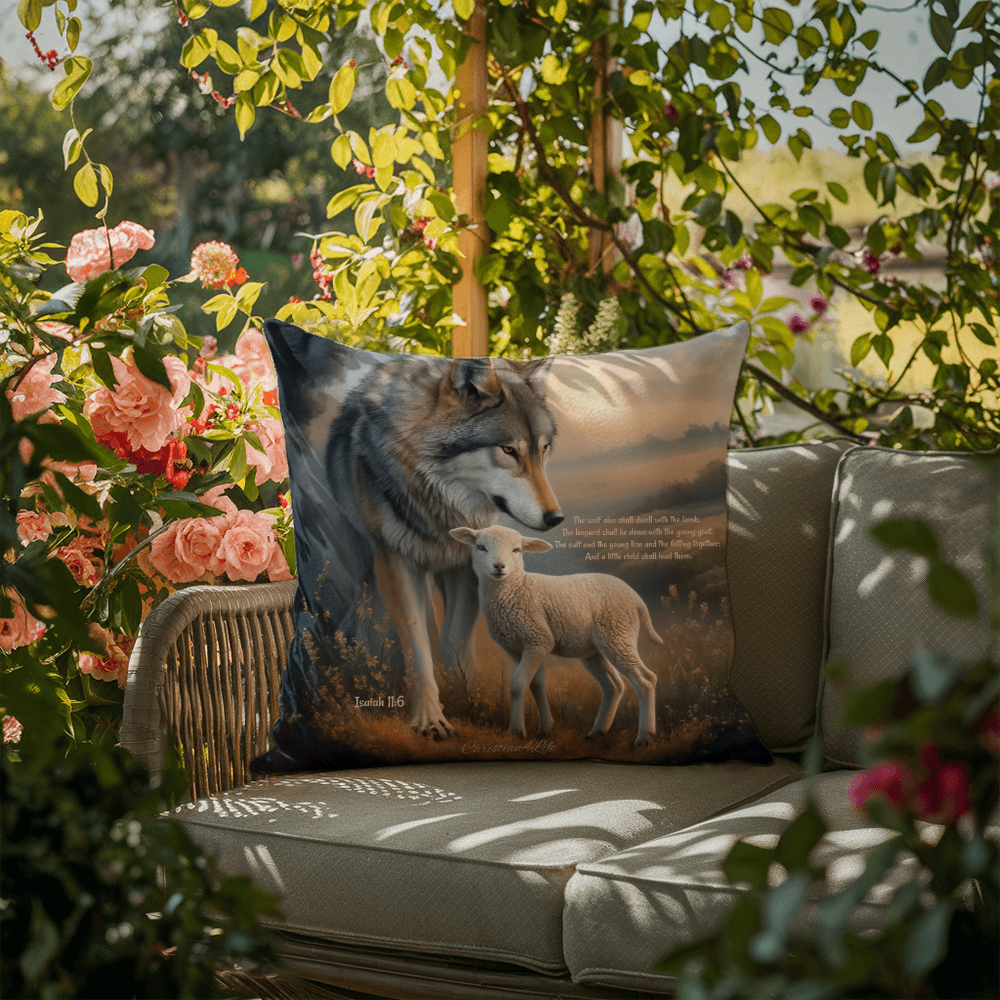 Wolf and Lamb Bible Verse Spun Polyester Square Indoor/Outdoor Pillow - Jewelry