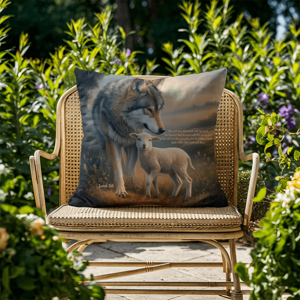 Wolf and Lamb Bible Verse Spun Polyester Square Indoor/Outdoor Pillow - Jewelry