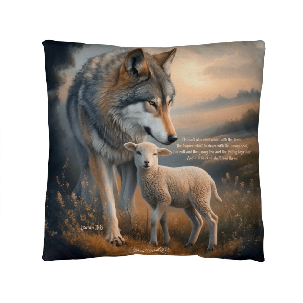 Wolf and Lamb Bible Verse Spun Polyester Square Indoor/Outdoor Pillow - Jewelry