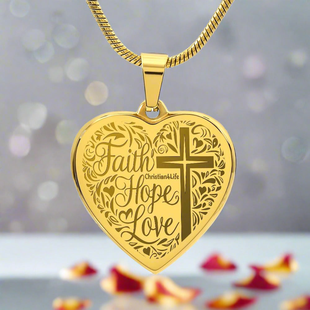Engraved Faith Hope Love Heart Necklace (with personalized message) - 18k Yellow Gold Finish / No - Jewelry
