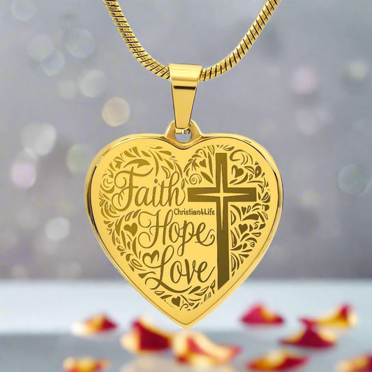 Engraved Faith Hope Love Heart Necklace (with personalized message) - 18k Yellow Gold Finish / No - Jewelry