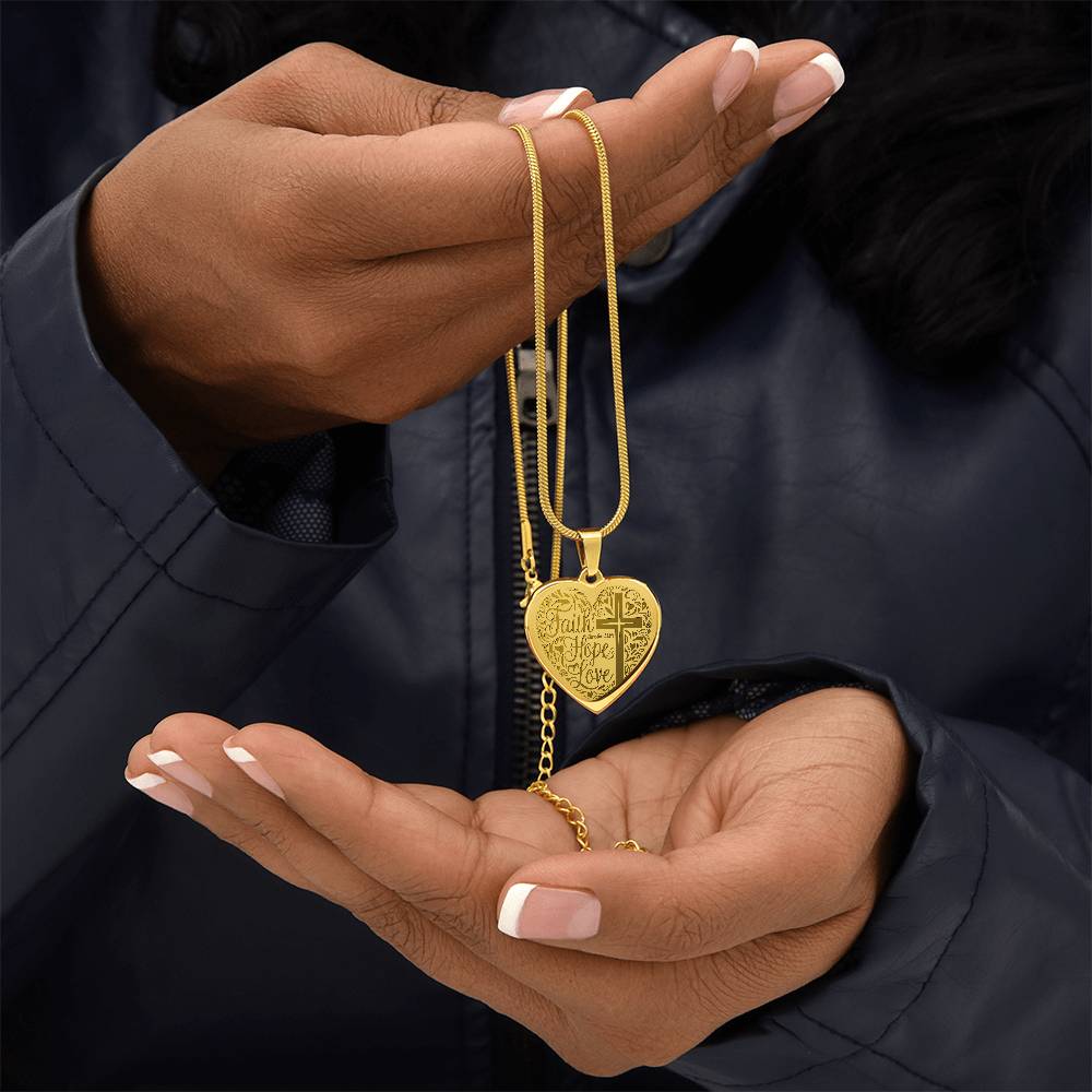 Engraved Faith Hope Love Heart Necklace (with personalized message) - Jewelry
