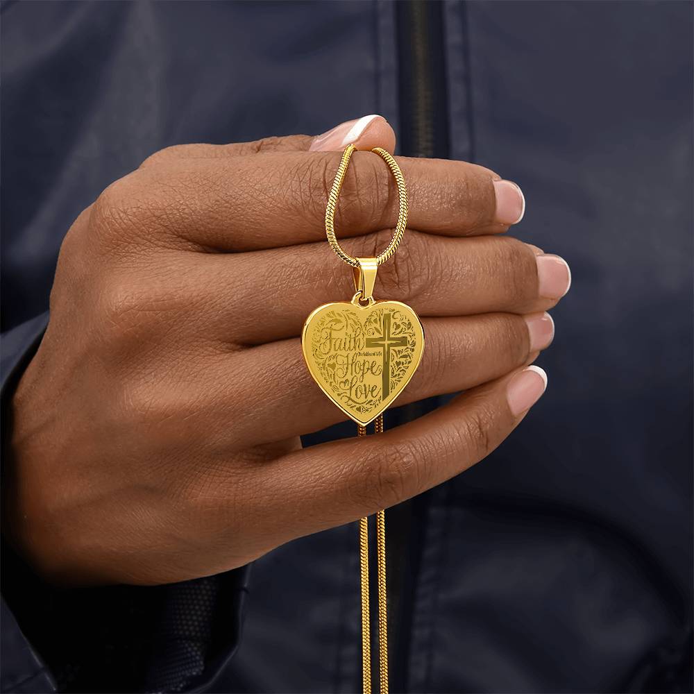 Engraved Faith Hope Love Heart Necklace (with personalized message) - Jewelry