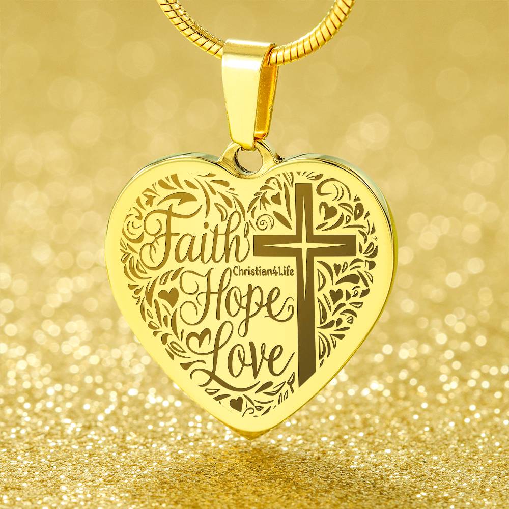 Engraved Faith Hope Love Heart Necklace (with personalized message) - Jewelry