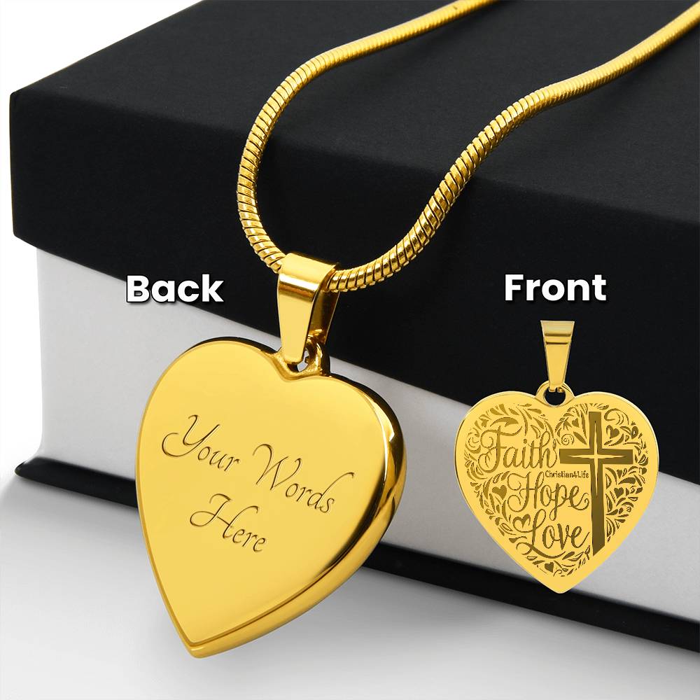 Engraved Faith Hope Love Heart Necklace (with personalized message) - 18k Yellow Gold Finish / Yes - Jewelry